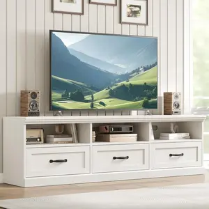 TV Stand for 75 in TV, Mid-Century Modern Entertainment Center with Storage Drawer, 70 in TV Console with Open Shelves, Wood Media Console TV Cabinet for Living Room (White)