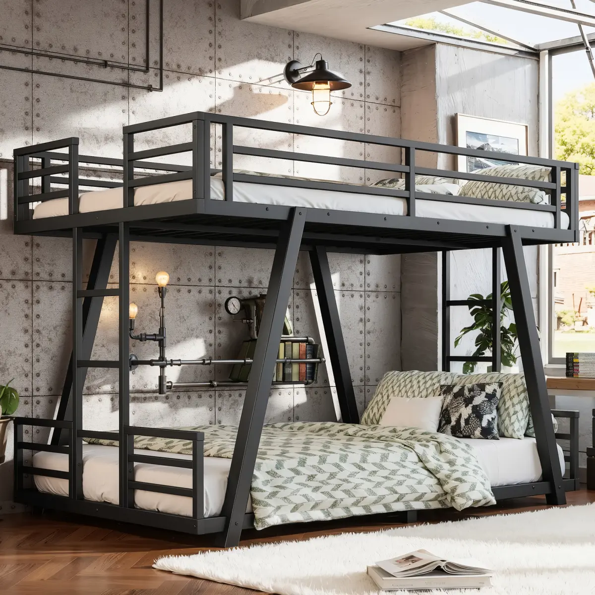 Twin XL over Twin XL Bunk Bed with 2 Side Ladders, Heavy-Duty Metal Bunk Bed with Spdcial Support Leg Design, Low Profile Bunk Bed, for Kids Teens Adults, Black