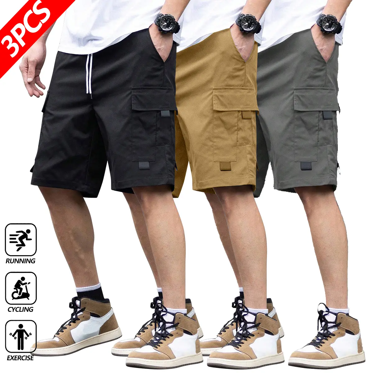 Men's Plain Casual 5-Point Shorts with Workwear Pockets - Comfortable Durable Fabric Menswear Set for Daily Commuting, Summer Sports