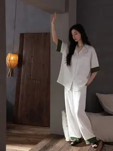 Two-Piece Set with Fixed Latex Pads, Ice Silk Sleepwear, Non-Wrinkle, Elegant Loose-Fit, Spring & Fall, Patchwork Design