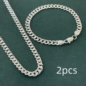 My Daily Styles 925 Sterling Silver Plated Classic Cuban Link Chain Necklace& Bracelet Set 7mm Width Sideways Chain Necklace Bracelet Set Jewelry Gift -7.87Inch+19.68/23.62Inch