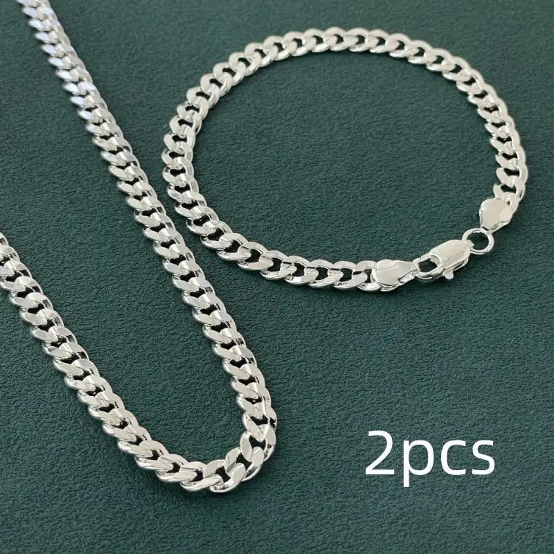 Cuban Link Chain Necklace & Bracelet Set, 925 Sterling Silver Plated Classic Jewelry, 7mm Width, Gift Ready
