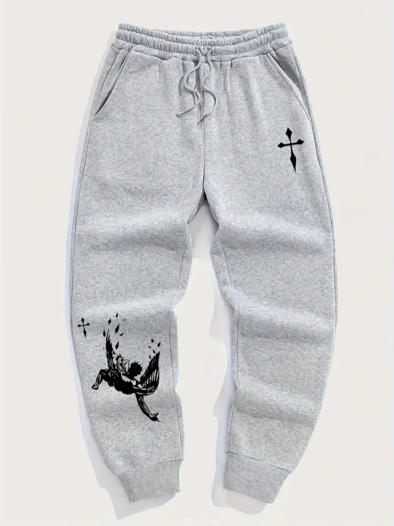 Men's waist-pulling cord sweatpants, Drawstring waist Fitted sweatpants, suitable for an active lifestyle, comfortable and well-fitting, featuring a broken, despairing angel print, making them a versatile sportswear suitable for various occasions