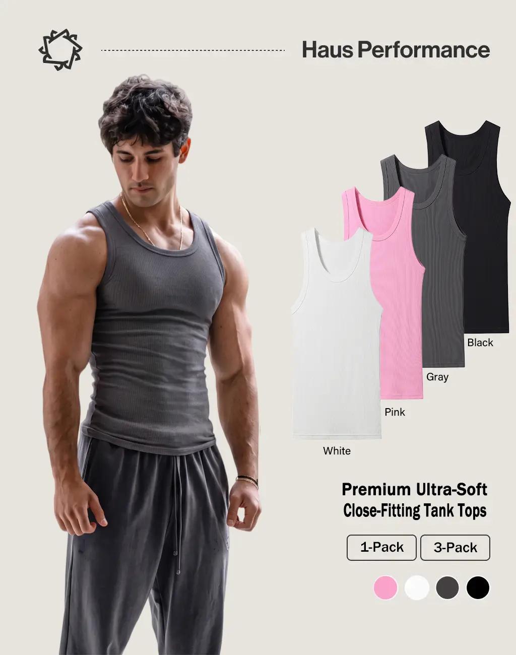 3-Pack Men's Elegant Fitted Tank Tops, Soft Ribbed Texture Knit, Korean Preppy Style Sleeveless Round Neck Undershirt, Cute, Party