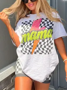 Women's Oversized Checkered Lightning Bolt "Mama" Graphic T-Shirt, Retro Y2K Street Style Casual Short Sleeve Tee