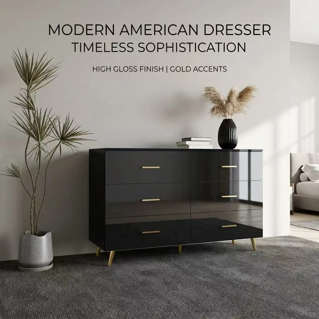 Black High Glossy 6-Drawer Chest of Drawers with Gold Handles & Gold Metal Legs, Modern Dresser for Bedroom, Large Storage Capacity, Anti-Tipping Design