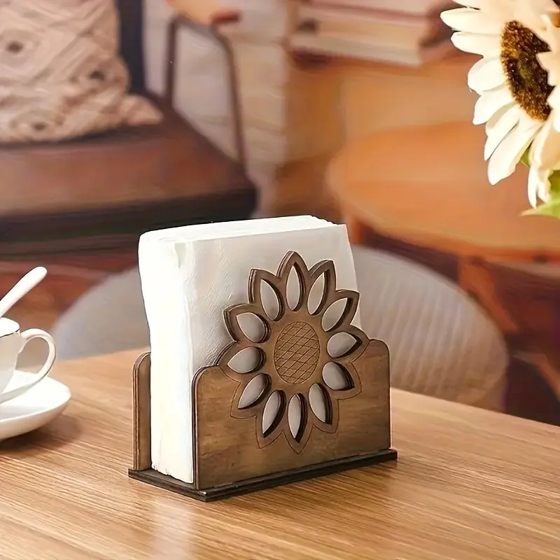 Wooden Sunflower Napkin Holder, Farmhouse Style Napkin Dispenser, Dining Room Office Desk Decoration, Business Card Holder, Postcard Storage Rack