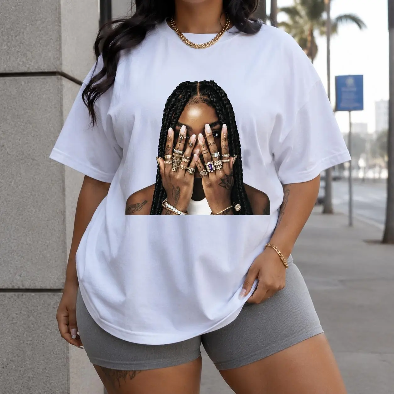 Women's Urban Hip Hop Basic Tee - Loose Oversized Drop Shoulder Round Neck Short Sleeve Top, Soft Cotton Breathable Fabric, Braids Girl Bling Rings Portrait Print, Street Style Casual Outfit