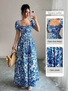 Elegant Women's Floral Print Bubble Sleeve Dress, Blue Long Dress, Front Tie Back Gathered Waist, Casual Vacation, Boho