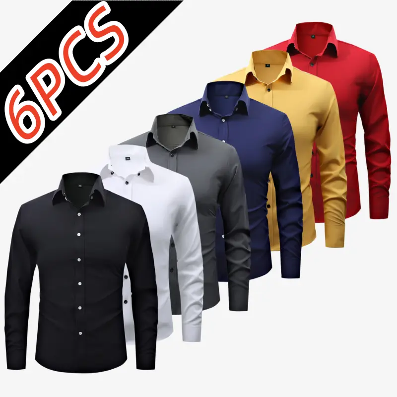 6-pack men’s versatile business long-sleeve shirts, ice silk high-stretch wrinkle-free fabric, pointed collar with contrasting buttons, slim fit that doesn’t cling, ideal for office commuting and easy to mix and match.
