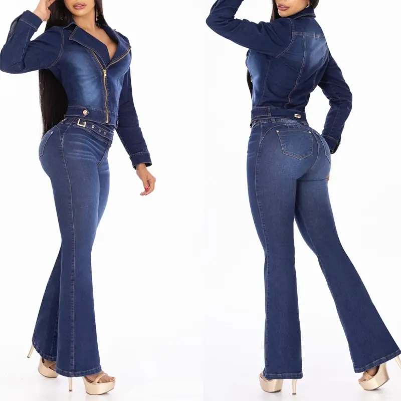 Lady's Basic 2-Piece Colombian Denim Blue Clothes Set, Breathable Fabric Women's Clothing Ensemble, Style