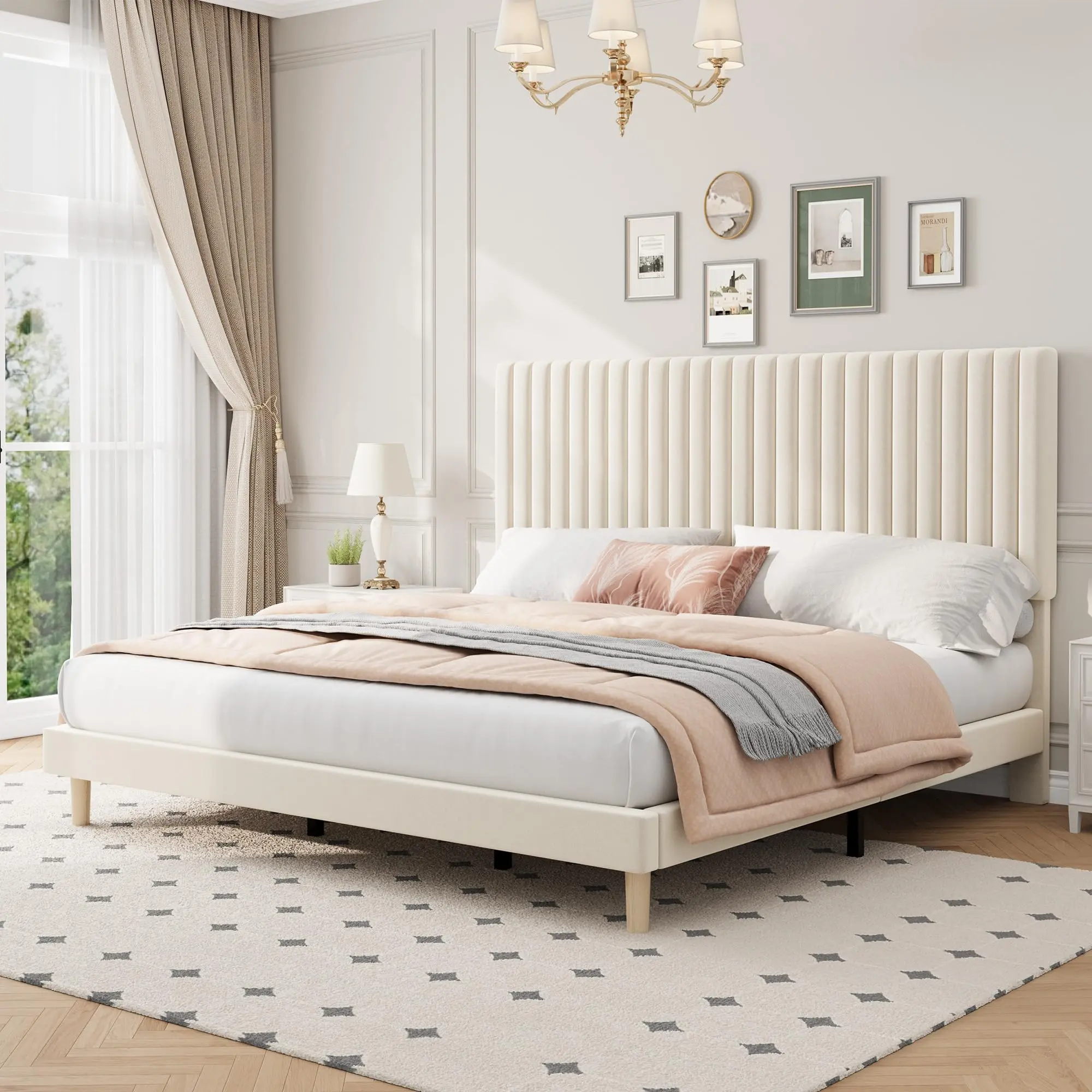 Garvee Adjustable Velvet Upholstered Platform Bed Frames with Vertical Channel Tufted Headboards, Available in Twin, Full, Queen, and King Sizes, Multiple Colors, No Box Spring Needed, Easy Assembly, Strong Wooden Slats Support