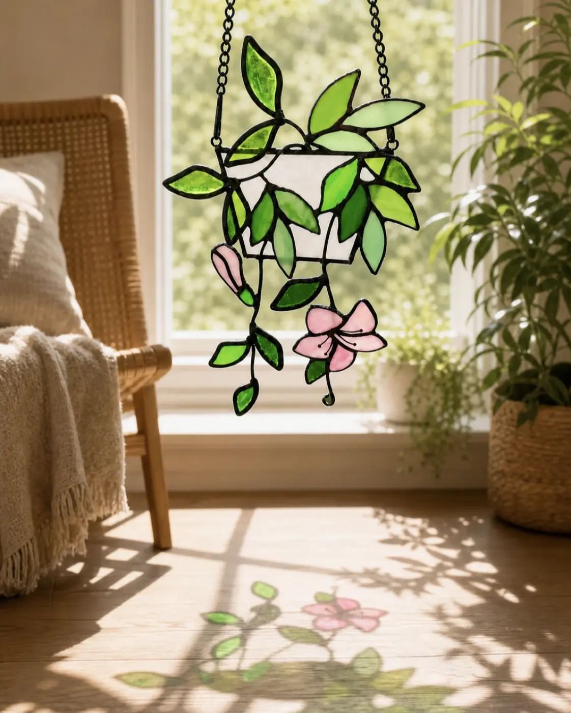 Plant Stained Glass Suncatcher, Pink Flower & Green Leaf Window Hanging, Botanical Floral Window Decor, Plant Lover Gift, Garden Sun Catcher, Housewarming Gift