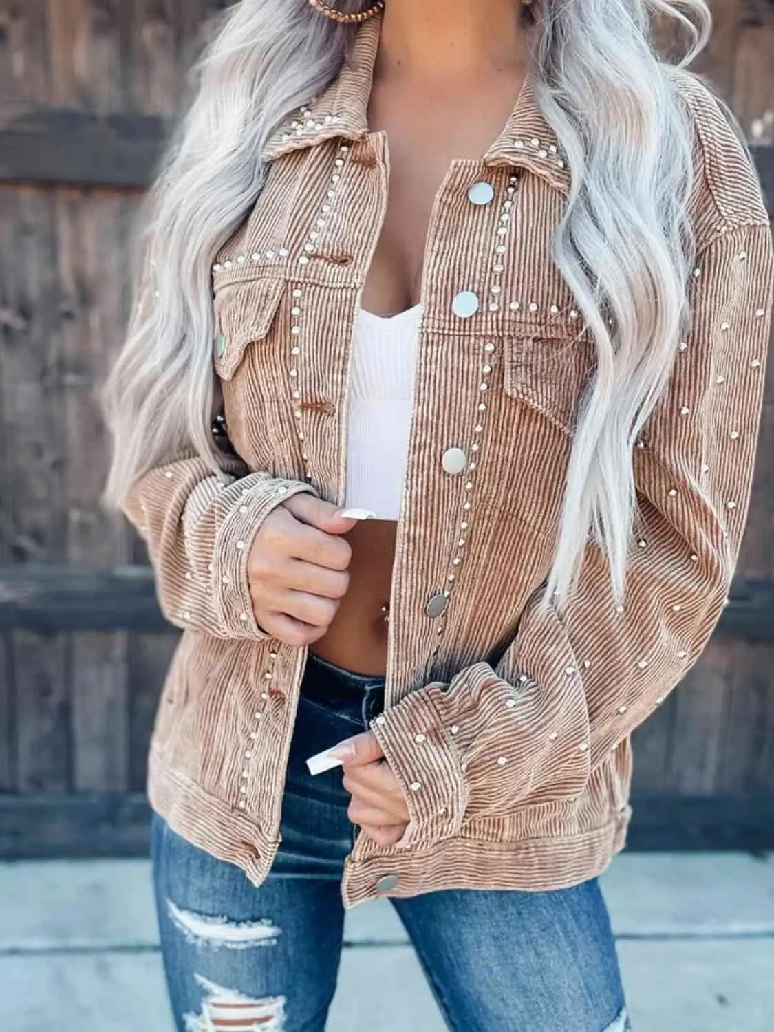 Studded Collared Neck Button Down Jacket Studded Collared Neck Button Down Jacket