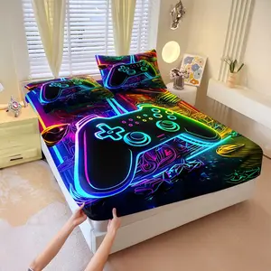 Neon Gaming Controller Fitted Sheet Set, Bed Sheets Set, Cyberpunk Gamer Themed Bed Sheet Set, Including 1 Fitted Sheet & 2 Coreless Pillowcases, 3D Neon Print Bedding, Ideal for Boys Teens Bedroom Gaming Room Dorm Decor