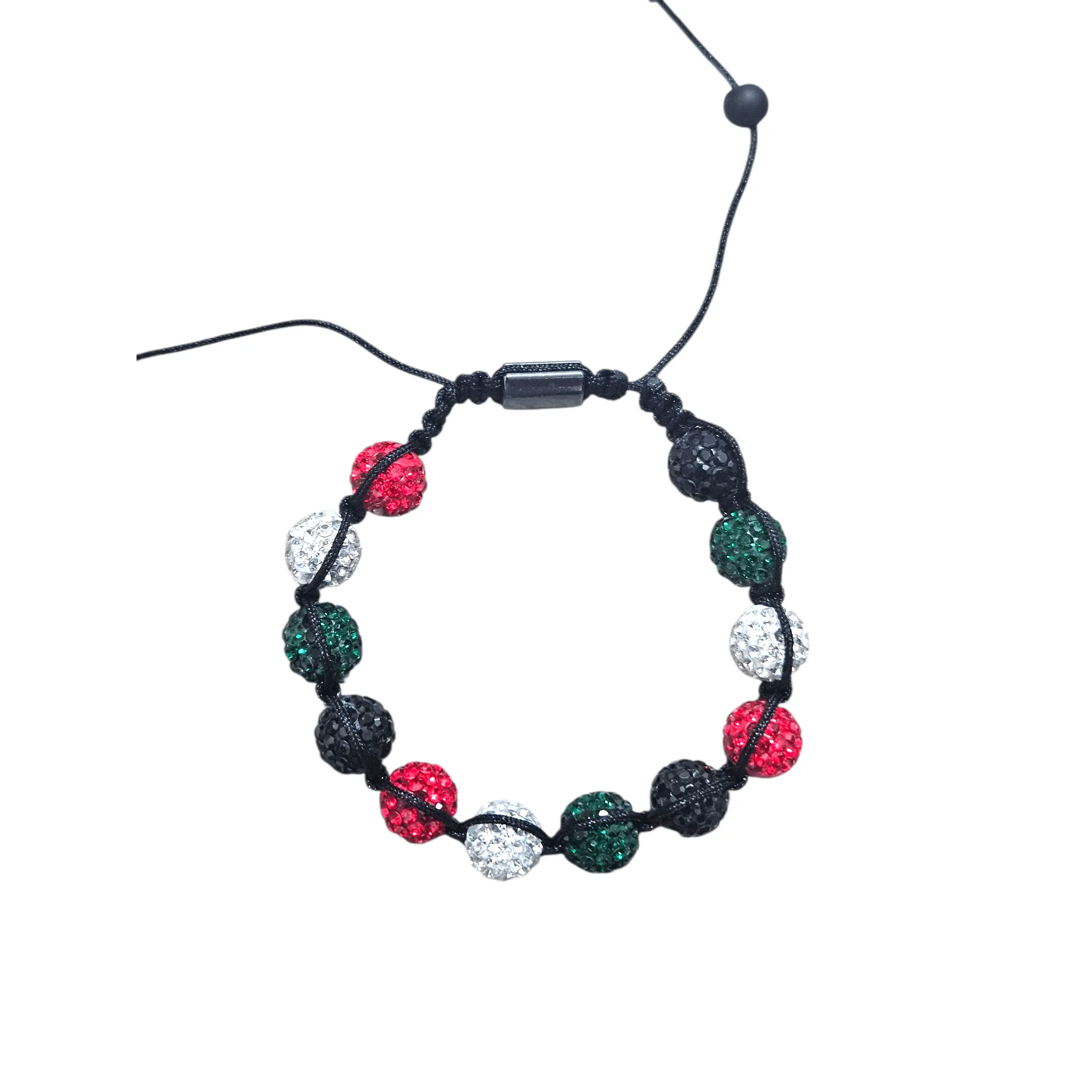 Palestine Colors Clay Balls with Rhinestones Bracelet - Adjustable Black Green White Red Rhinestone
