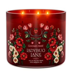 GooseCreek Ladybug Lane 3-Wick Candle 14.5 oz Soy Wax Blend with Essential Oils Red Floral Design No Warranty