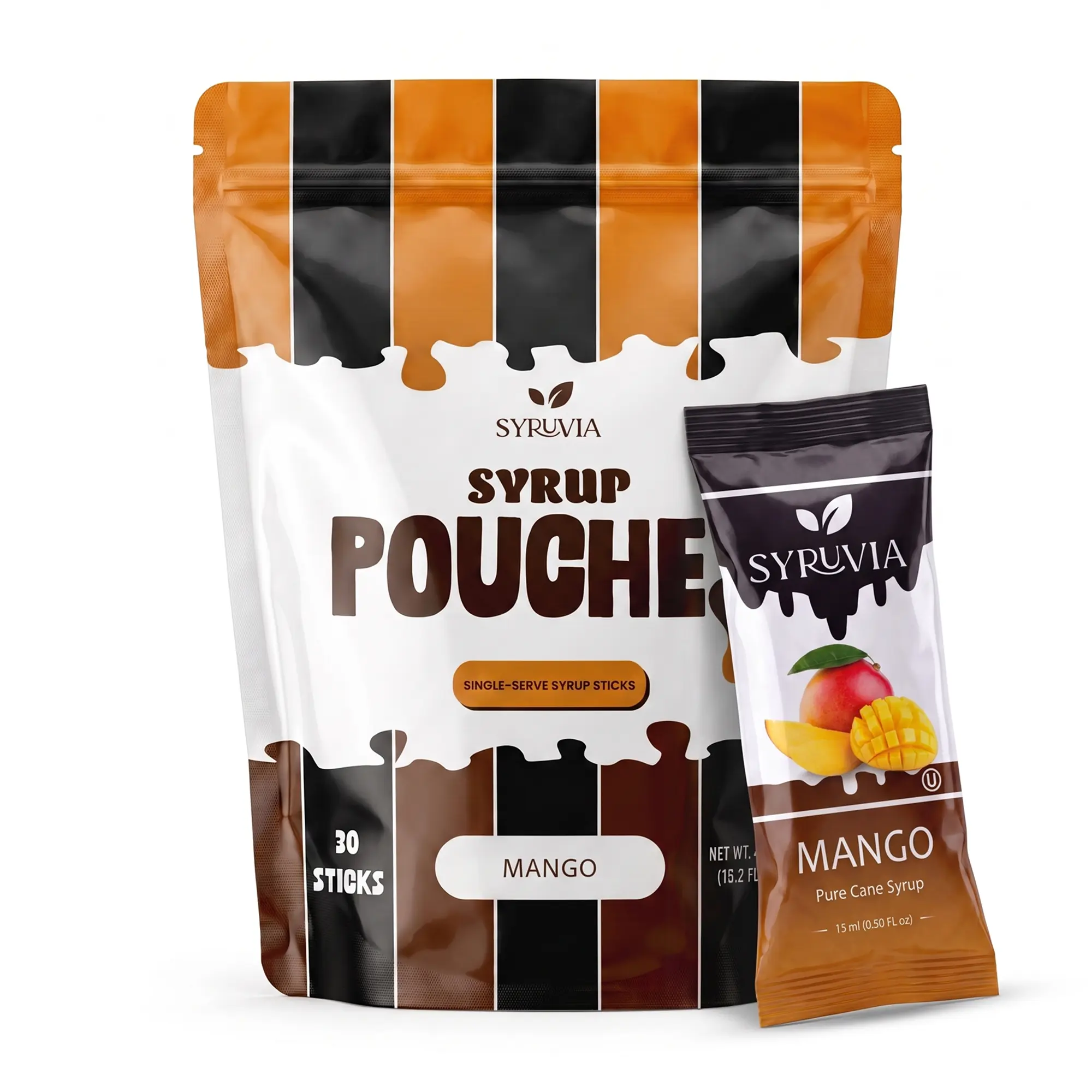 Syruvia Mango Syrup Pouches, Fruity Syrup Sticks for Cocktails, Fruit Drinks, Lemonades & Desserts, 30 Count (15 mL Each)