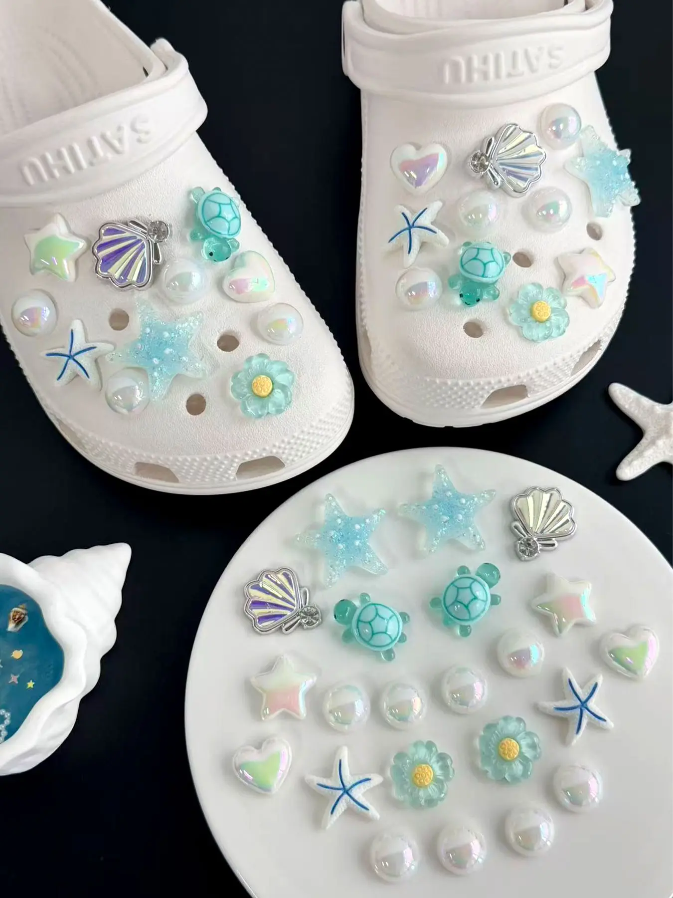 Ocean Series DIY Cute Shoe Charms, Decorative Shoe Accessories, Shoe Embellishment Set, 22pcs Shell Starfish Shark Decorations, Removable for Garden Beach Sandals Slippers, Flip Flop Charms, Garden Shoes, Footwear, Ocean Theme