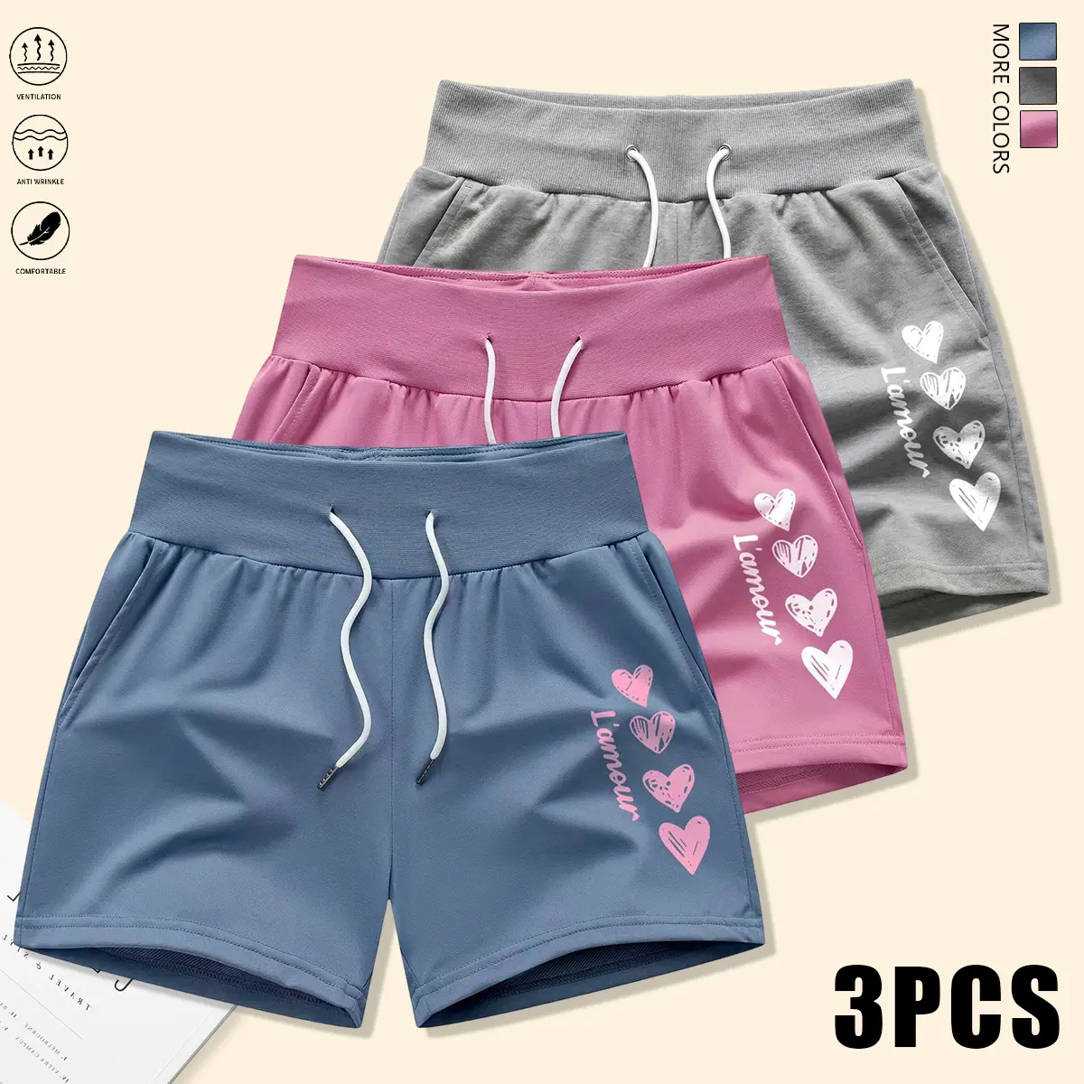 Set of 3 women’s shorts featuring a drawstring and elastic waistband, adjustable for comfort. Comfortable, breathable fabric suitable for beach vacations, gym workouts, home wear, and more. Summer shorts, women’s shorts.