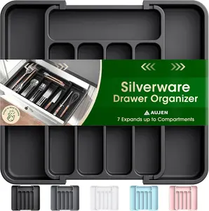 Silverware Organizer - Expandable Kitchen Drawer Organizer with Anti-Slip Pads on 4 Corners Adjustable Utensil Organizer Cutlery Tray for Forks Knives Multipurpose Kitchen Organizers and Storage Solution Black Medium Boxes