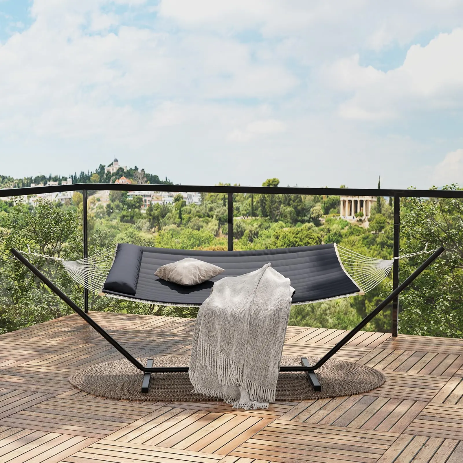 Double Hammock with Stand, 2 Person Portable Foldable Outdoor Hammock with Pad & Pillow, 450lb Capacity Heavy-Duty Hammock for Garden, Patio, Backyard, Dark Gray