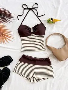 YULENA 2pcs Vacation Casual Striped Knit Texture Metal Buckle Spaghetti Strap Camisole And Shorts Set, Suitable For Party