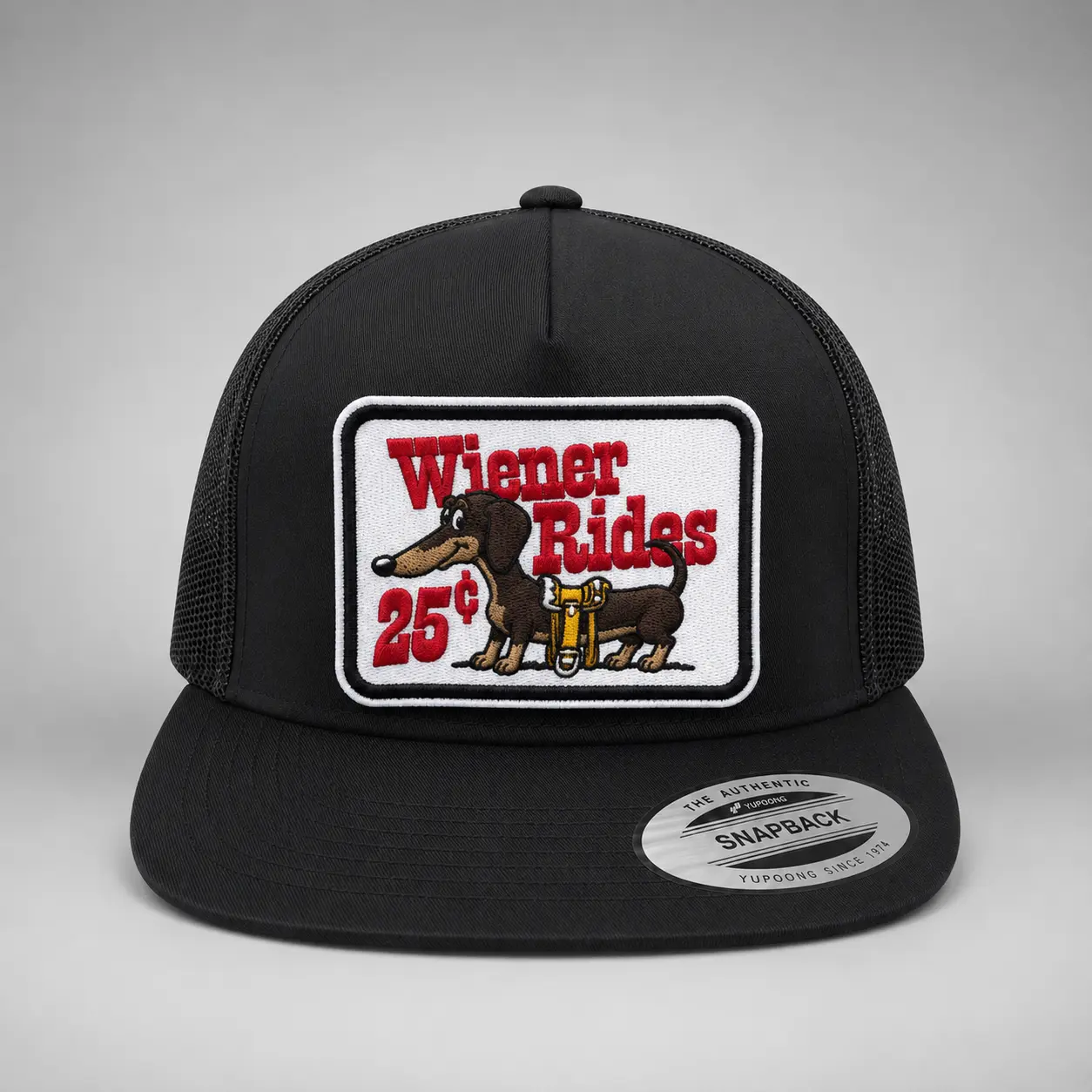 Wiener Rides Snapback Trucker Hat Mesh Back Yupoong 6006 Adjustable Back Five Panel