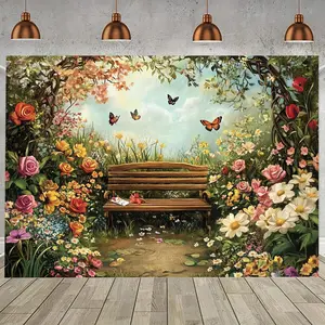 1pc Extra Large Spring Floral Garden Backdrop Banner - Serene Nature Scene with Blooming , Wooden Bench & Butterflies, Durable Photo Studio Props for Party Decor, Wall Decor, No Needed, Seasona