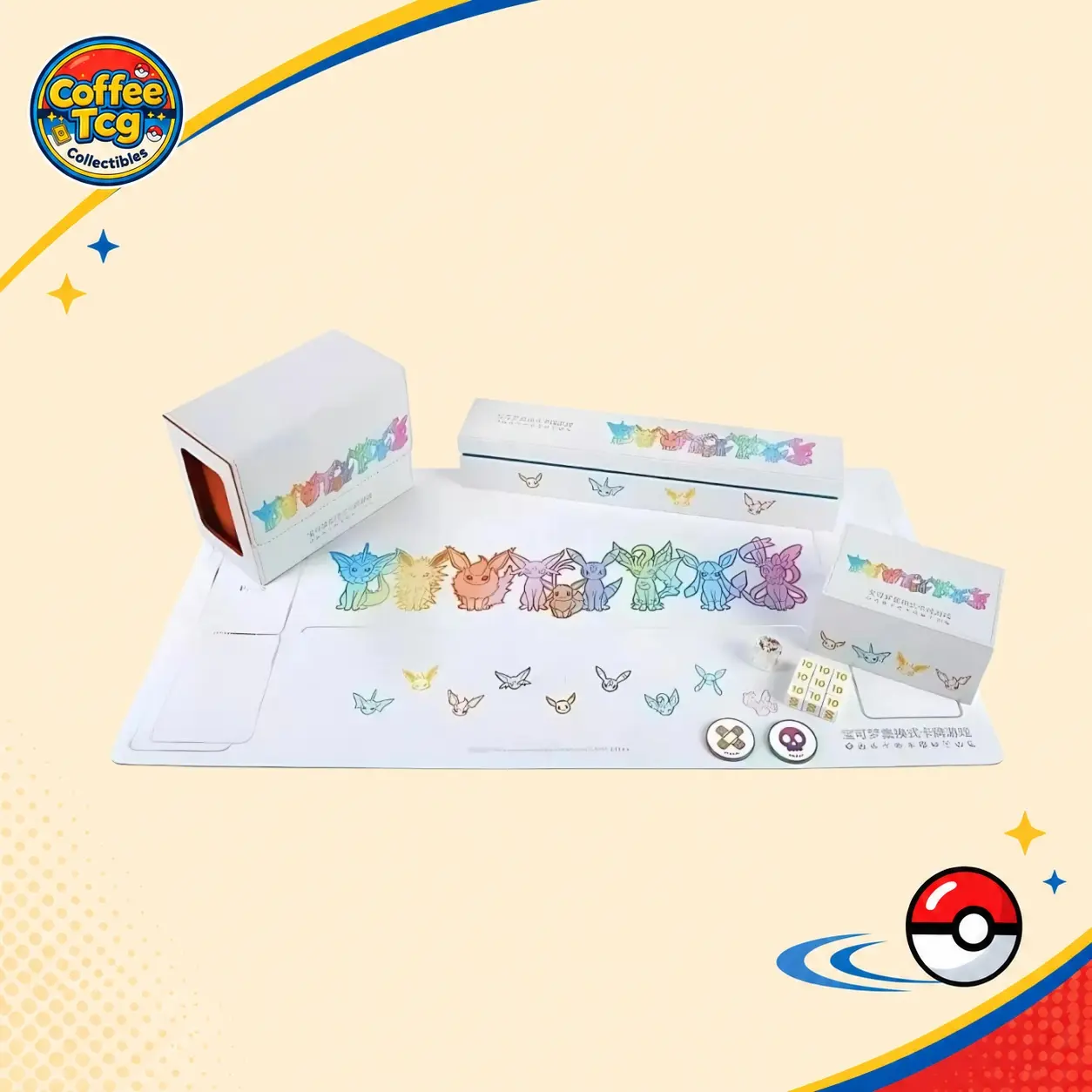 Pokemon S-Chinese Exclusive Eeveelution TCG Playmat Set – Playmat, Deck Box, Dice & Status Coin Collection