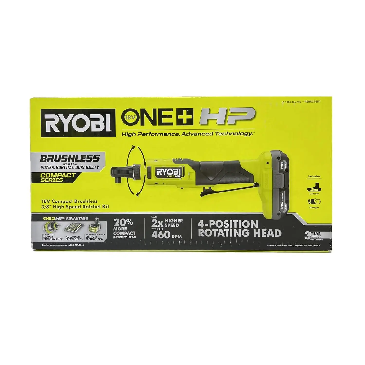 RYOBI 18V HP Series Brushless Cordless 3/8 in. High-Speed Ratchet Wrench Kit, Includes 2.0 AH Batteries