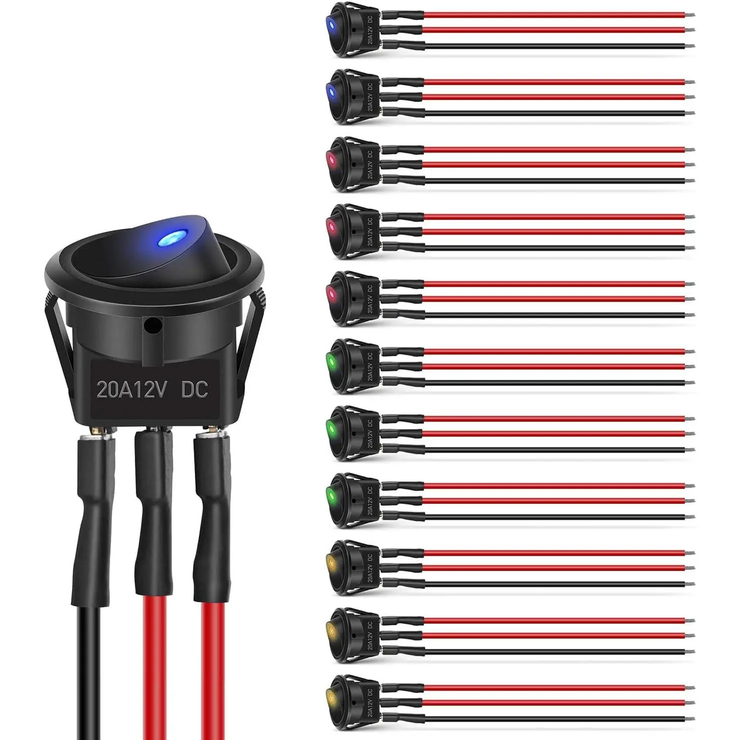 Nilight 12pcs 3-Pin SPST Rocker Toggle Switches - 12V 20A Max On-Off, LED Light Control, Copper-Plated Silver 36pcs Wires, Flame-Retardant Round Housing, Easy Installation for Cars, Trucks, Marines, Wranglers, Boats