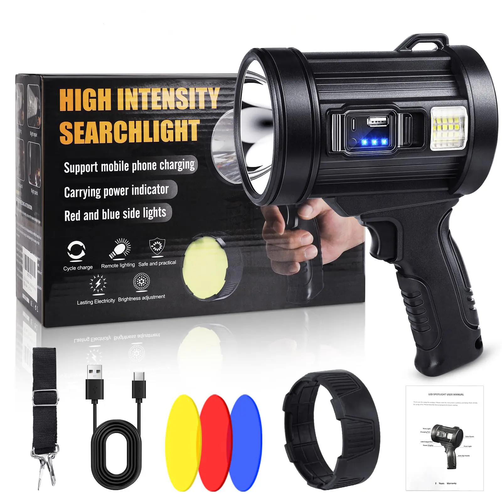 Rechargeable Super Bright LED Spotlight - Portable Handheld High Intensity Outdoor Lighting with COB LEDs, Solar Panels, Lightweight Design, for Hunting, Camping, Boating, Portable & Outdoor Lighting Solutions, Portable Lighting Solutions