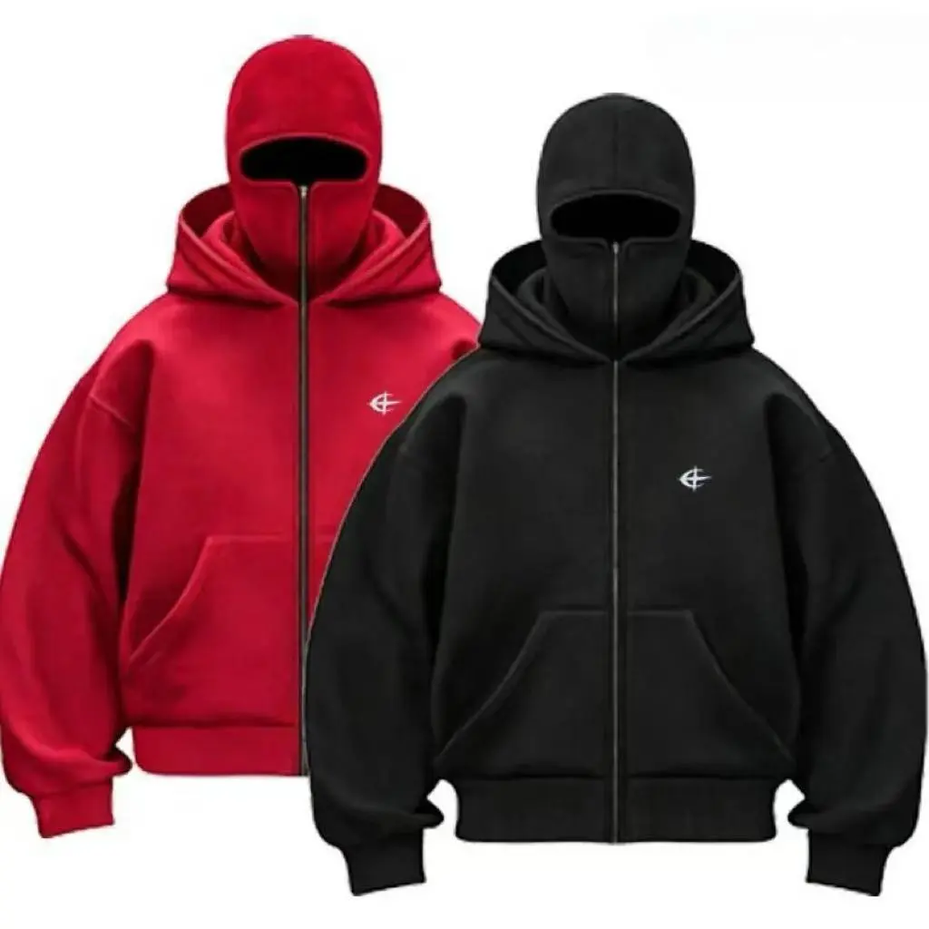 Unisex Double Hood  Full Zip Hoodie, Y2K Streetwear Boxy Cropped Fleece Sweatshirt, Ski Mask Face Cover Zip Up Jacket for Men Women, Multiple Colours Classic Menswear Hem Kangaroo