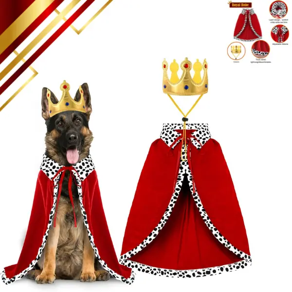 Halloween Pet King Costume, Dog & Cat King Cape with Crown, Adjustable Halloween Pet Costume for Large Dogs, Funny Pet Cosplay Outfit, Party & Photo Props
