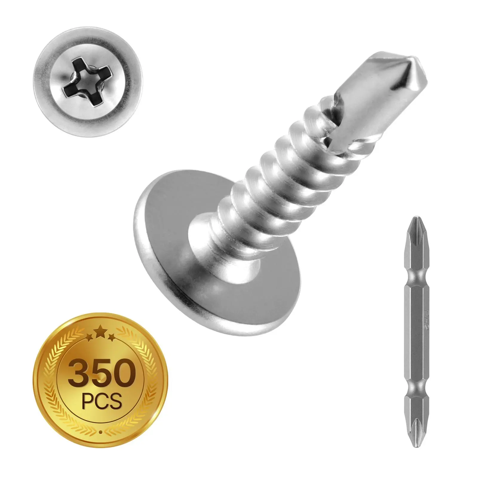 【summerfinds】VEVOR #8 Self Drilling Wood Screws, 3/4 Inch Long 350 PCS Truss Head Wood Screws, Phillips Drive Quick Metal Self Tapping Screw, Stainless Steel and Full Thread, Screwdriver Bit Included, Silver