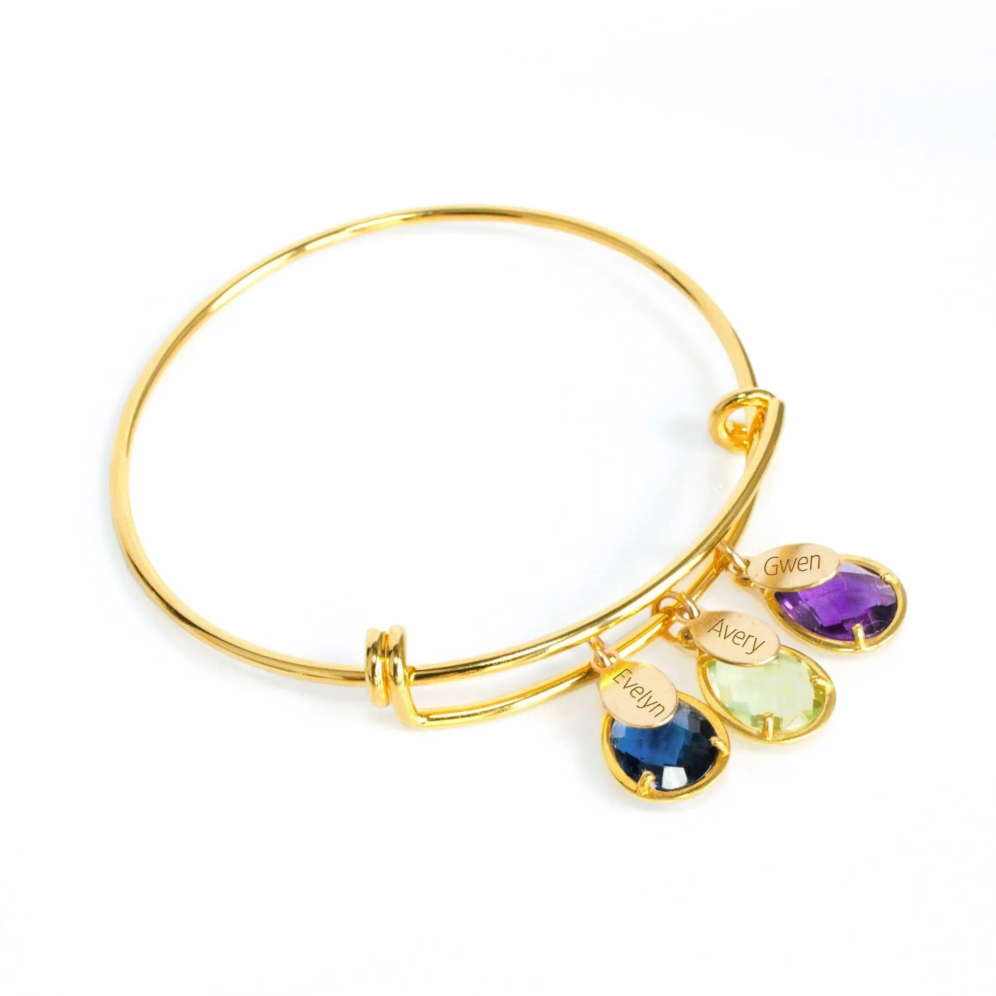 Custom Name Tag & Prong Set Birthstone Bangle Bracelet, Silver, Gold, Personalized Mother’s Bracelet with Kids Names, Mom or Grandma Birthday Gift