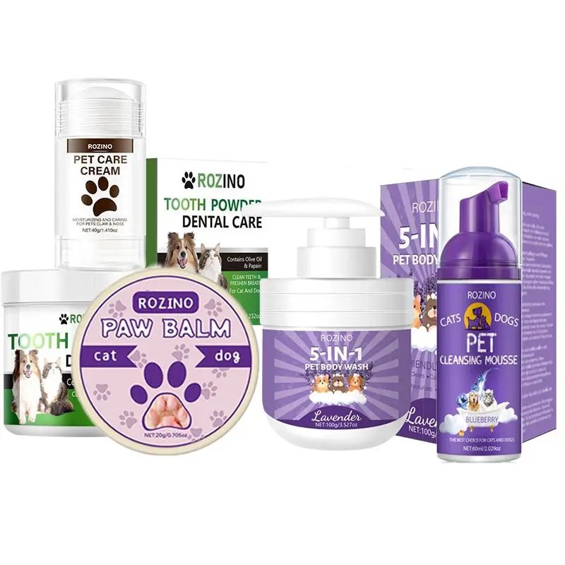 Pet Cleaning Kit, 5 Counts/set Pet Shampoo & Pet Paw Care Cream & Cleansing Mousse & Teeth Powder & Body Wash Set, Pet Grooming Supplies Grooming Products for Dogs & Cats