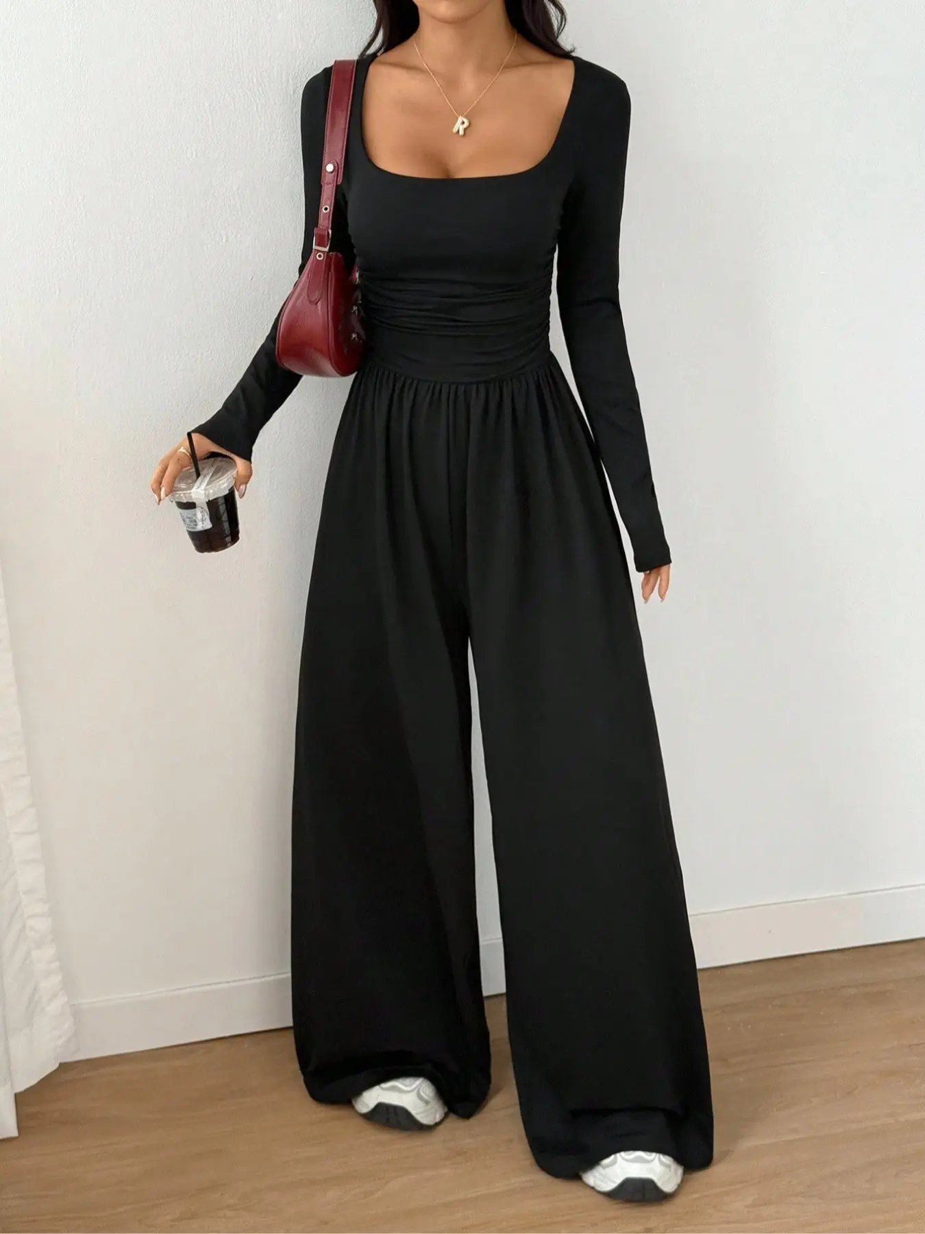 Women's Fall Winter Knit Fitted Wide Leg Jumpsuit Overalls, Casual Comfy Jumpsuit, Casual Fashion Plain Basic Round Neck One-Piece, Versatile Long Sleeve Romper, Casual Jumpsuits, Lady Womenswear Clothes