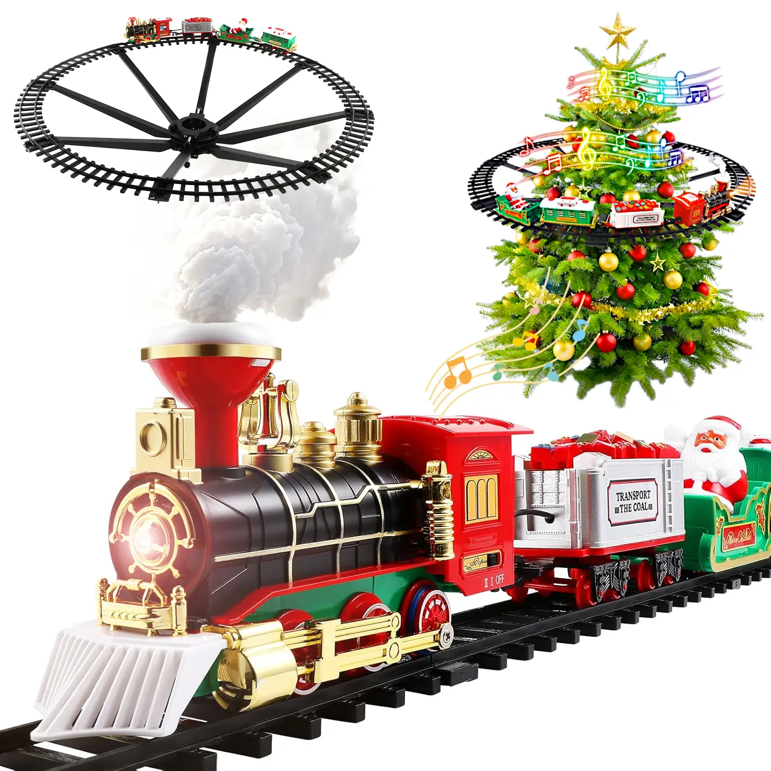 Retro Electric Christmas Hanging Train Set - Tree-Mounted Track Railway with Santa-Carriage, Locomotive Tender, Smoke Effect, Sound, Bright Lights, Kids' Toy Model for 3-12 Years, Teens, Valentine Day Decoration Holiday Gift, Thanksgiving, Father’s Day