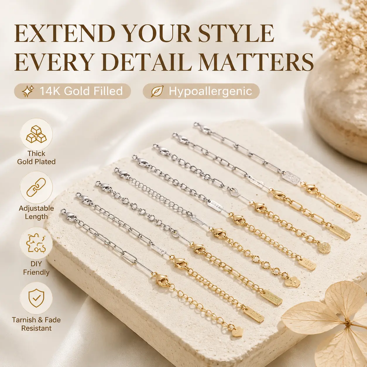 14K Gold Filled Extendable Tail Link Nut Connector DIY Making Accessories Necklace Bracelet Tail Chain Handmade DIY Jewelry Accessories Clasp Extension Chain