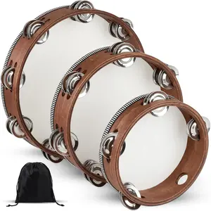 Tambourine, Tambourines for Adults, 3 count Wooden Hand Held Percussion Tambourine with Storage Bag, Tambourines Musical Instrument for Church, Wedding, Party, Dance, Photo Shoot(6+8+10 Inches)
