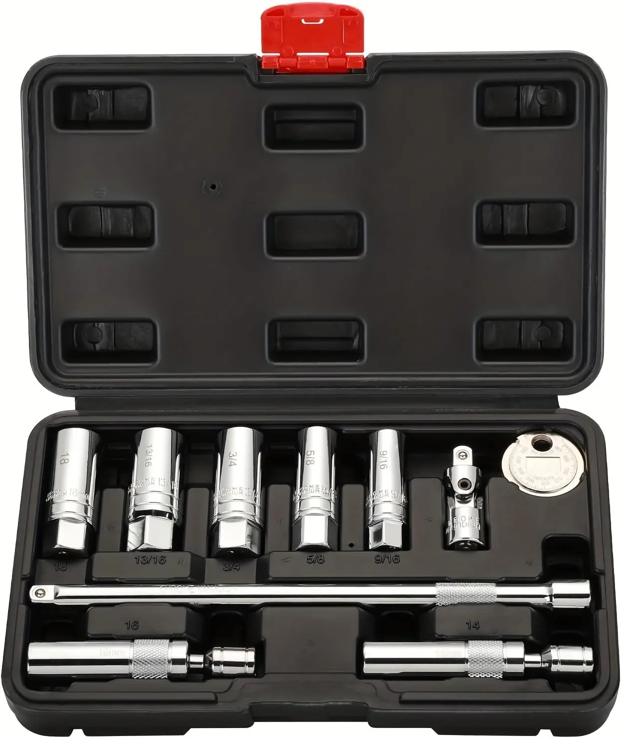 10Pcs 3/8" Drive Spark Plug Socket Set with Universal Joint, Spark Plug Gapper and 10" Extension Bar, SAE & Metric 9/16”, 5/8", 18mm, 3/4", 13/16" sockets, and 14mm, 16mm Swivel Sockets