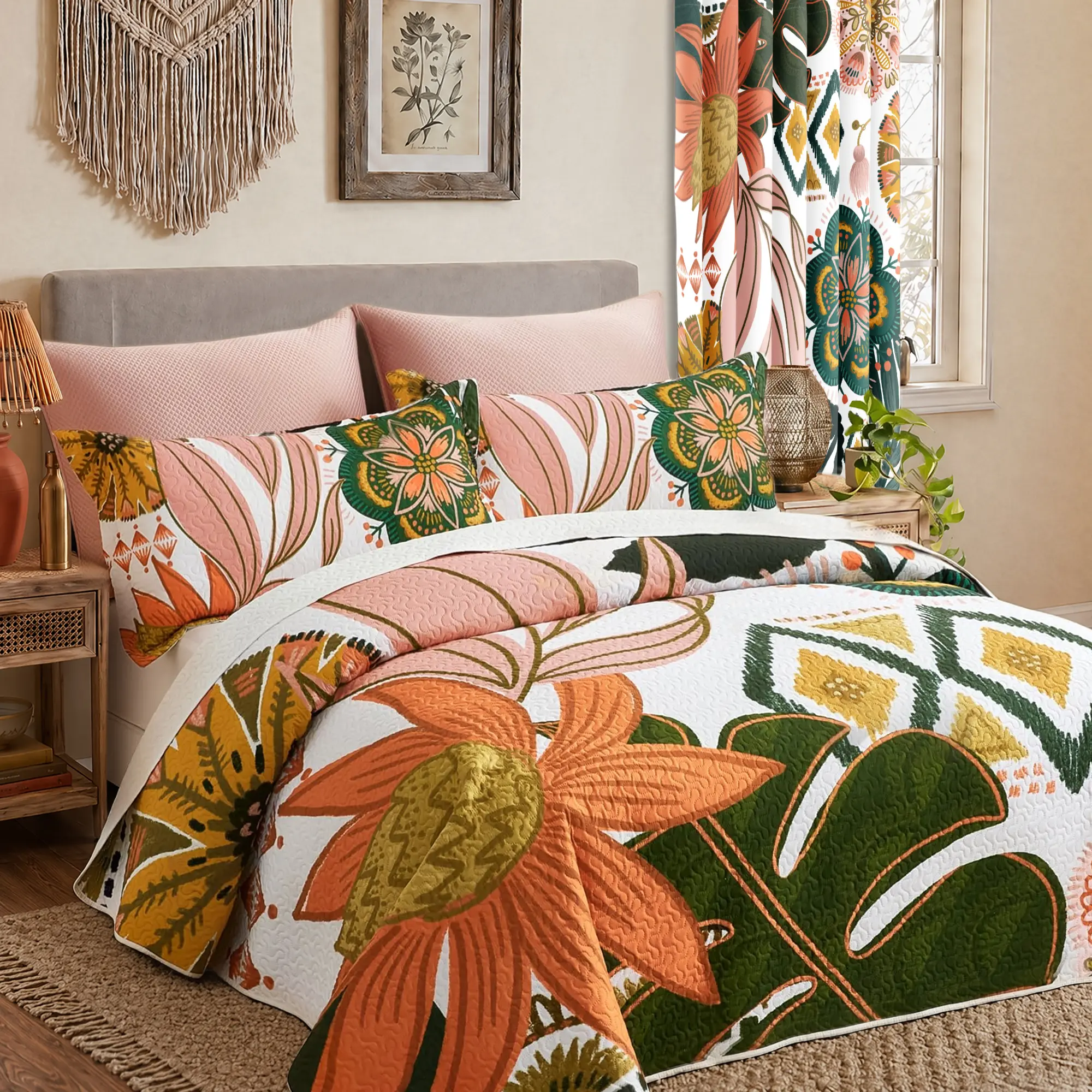 Tyrot Boho Floral Decorative Bedding Set - Bohemian Flower Quilt, 100% Blackout Curtains, Farmhouse Home Decor for Room Makeover (Boho Floral Unity, Quilt & Curtains Sold Separately), Floral Bedding Sets