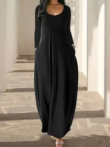 Women's Long Nightgown, Leopard Print in Coffee, Casual Round Neck Long Sleeve Pocket Sleepwear, Soft Comfortable All-Season Loungewear