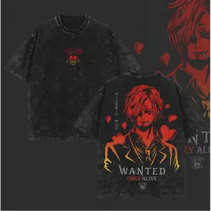 Sanji Black Leg One Piece Vintage Washed Oversized T-Shirt, Heavyweight Cotton Double Sided Print Anime Manga Tee, Unisex Streetwear, Casual Daily Hip Hop Top, Trendy Graphic Shirt for One Piece Fans & Anime Enthusiasts