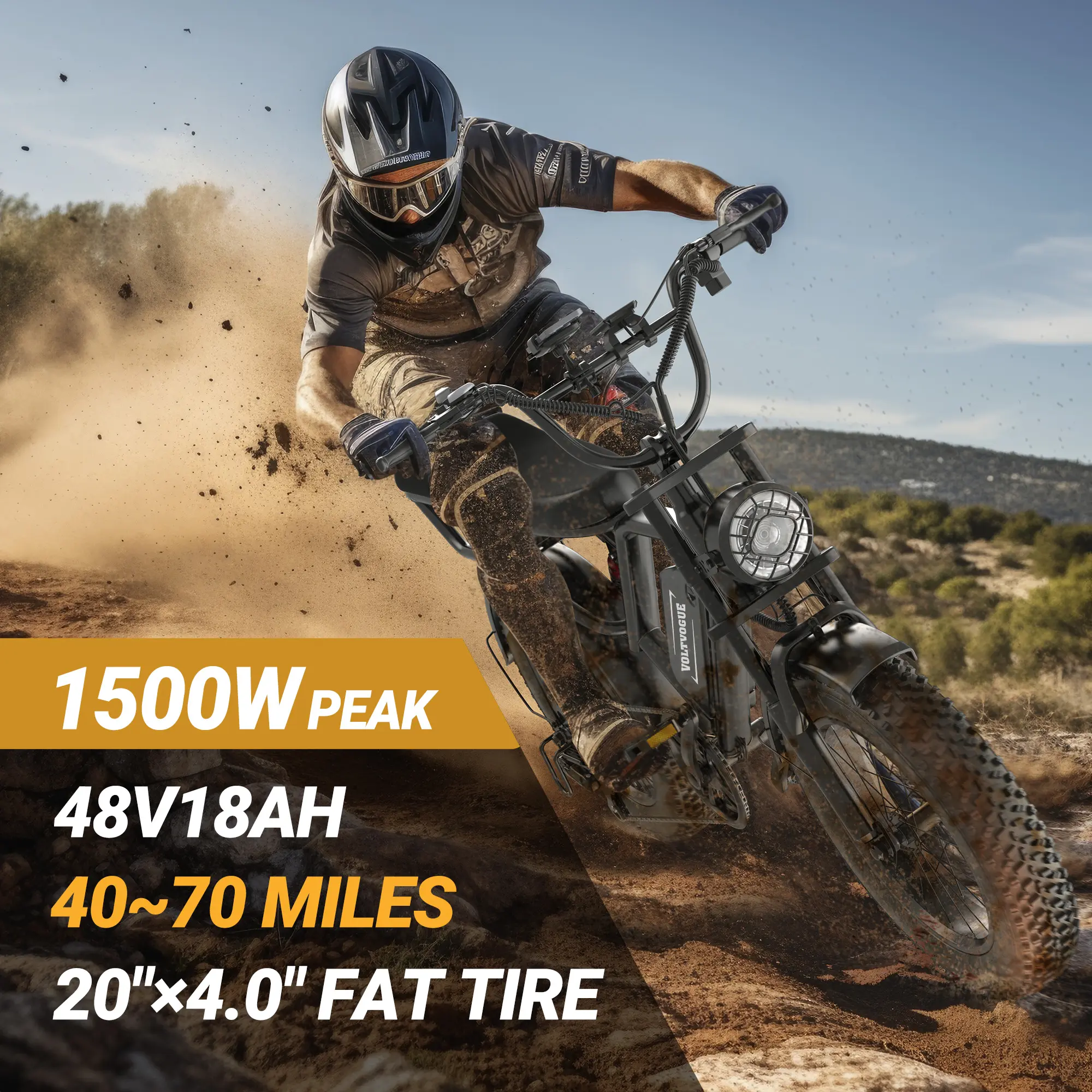 【live】VOLTVOGUE 1500W Electric Off-Road Bike: 20-Inch Full-Suspension E-Motorcycle with 48V 15.6 Mile RangeAh Removable Battery, 31MPH Top Speed, 40-70, 2-Seater, LED Headlights & 20" All Terrain Fat Tire UL 2849【BK20】