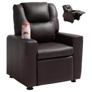 VEVOR Kids Reclining Chair,  , Toddler Recliner with Cup Holder, 101° to 121° Adjustable Backrest, Easy-to-Clean PU Leather Recliner Couch with Footrest, 90 lbs Load, for Boys & Girls, Children (Brown)