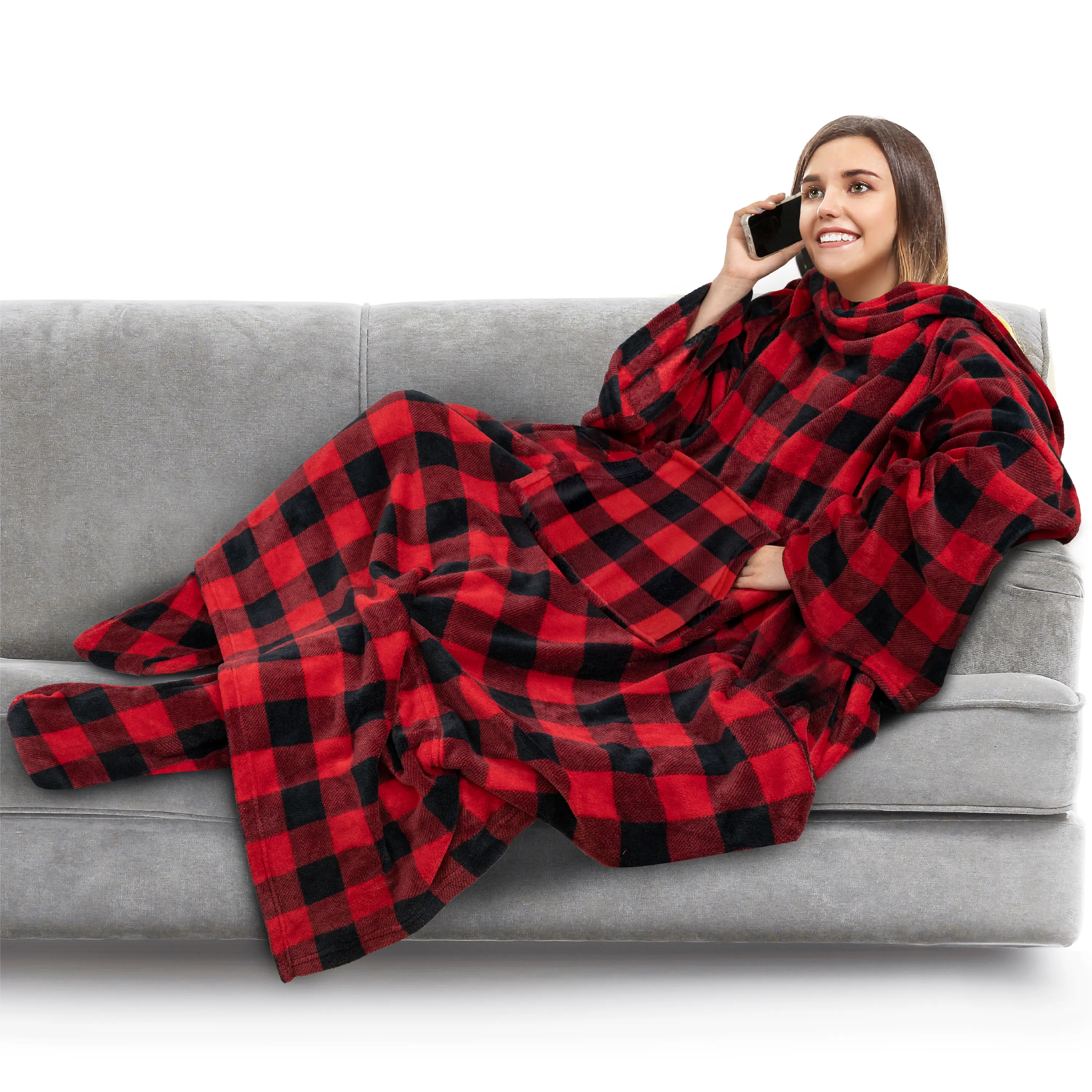 PAVILIA Fleece Blanket with Sleeves, Foot Pockets for Women Men Adults, Plush Wearable Blanket Throw Wrap, Warm Snuggle Blanket Robe, Cozy Gift Ideas Wife Mom