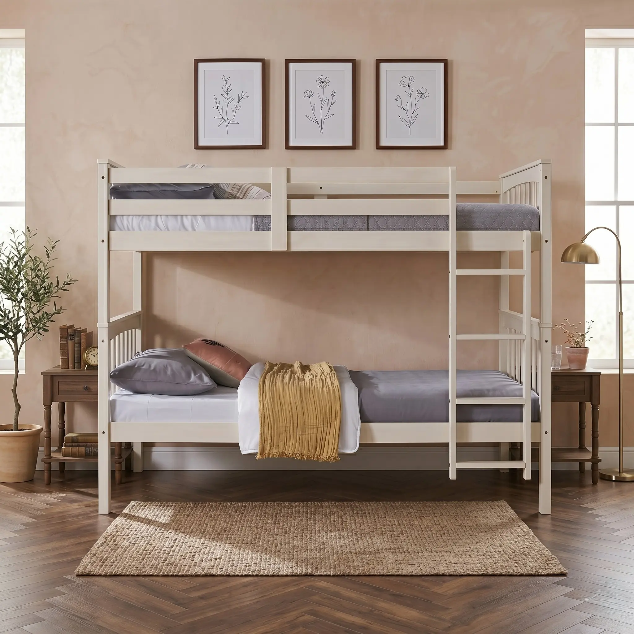 Favorer Ames Twin Over Twin Solid Wood Bunk Bed with 2 Ruston Nightstand – 3-Piece Space-Saving Bedroom Set
